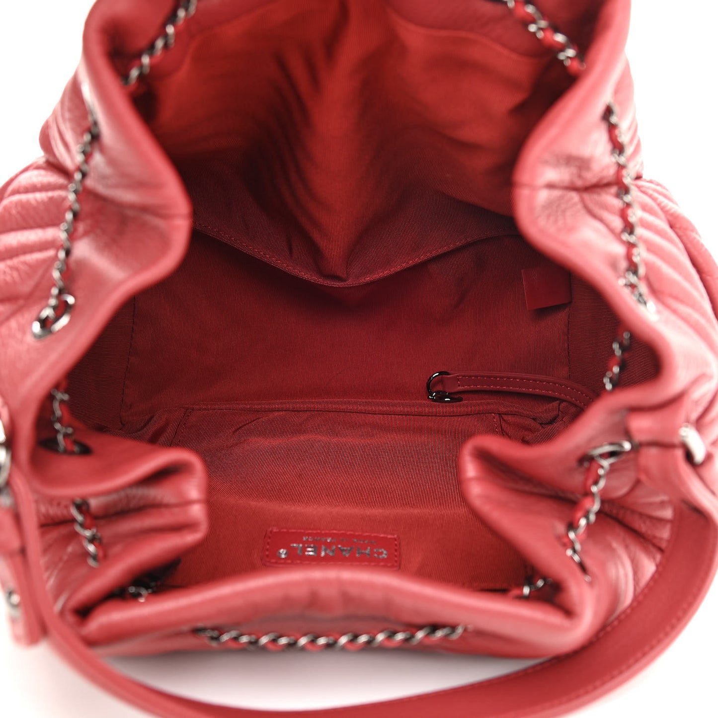 Deerskin Chevron Quilted Medium CC Chain Bucket Drawstring Bag Red