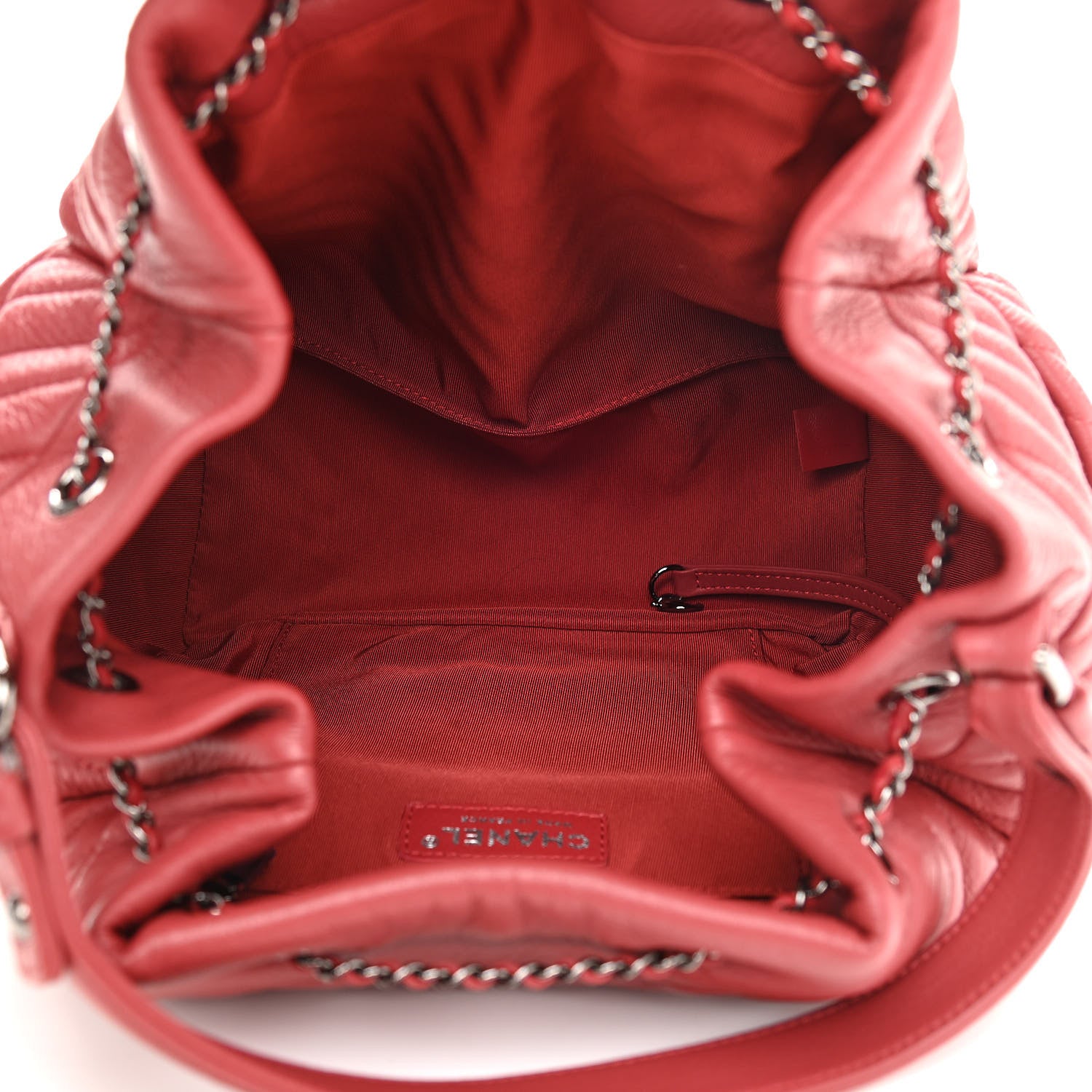 Chanel Deerskin Chevron Quilted Medium CC Chain Bucket Drawstring Bag Red 5 of 10