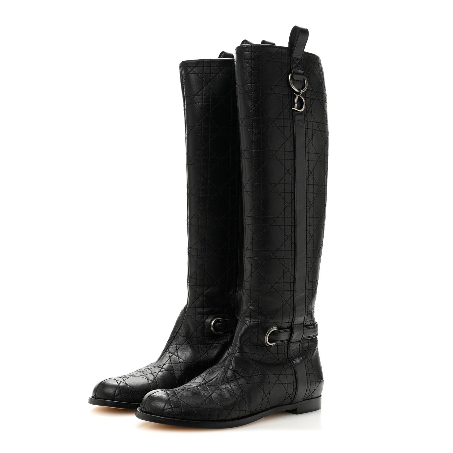 Lambskin Cannage Tall Flat Boots 37.5 Black