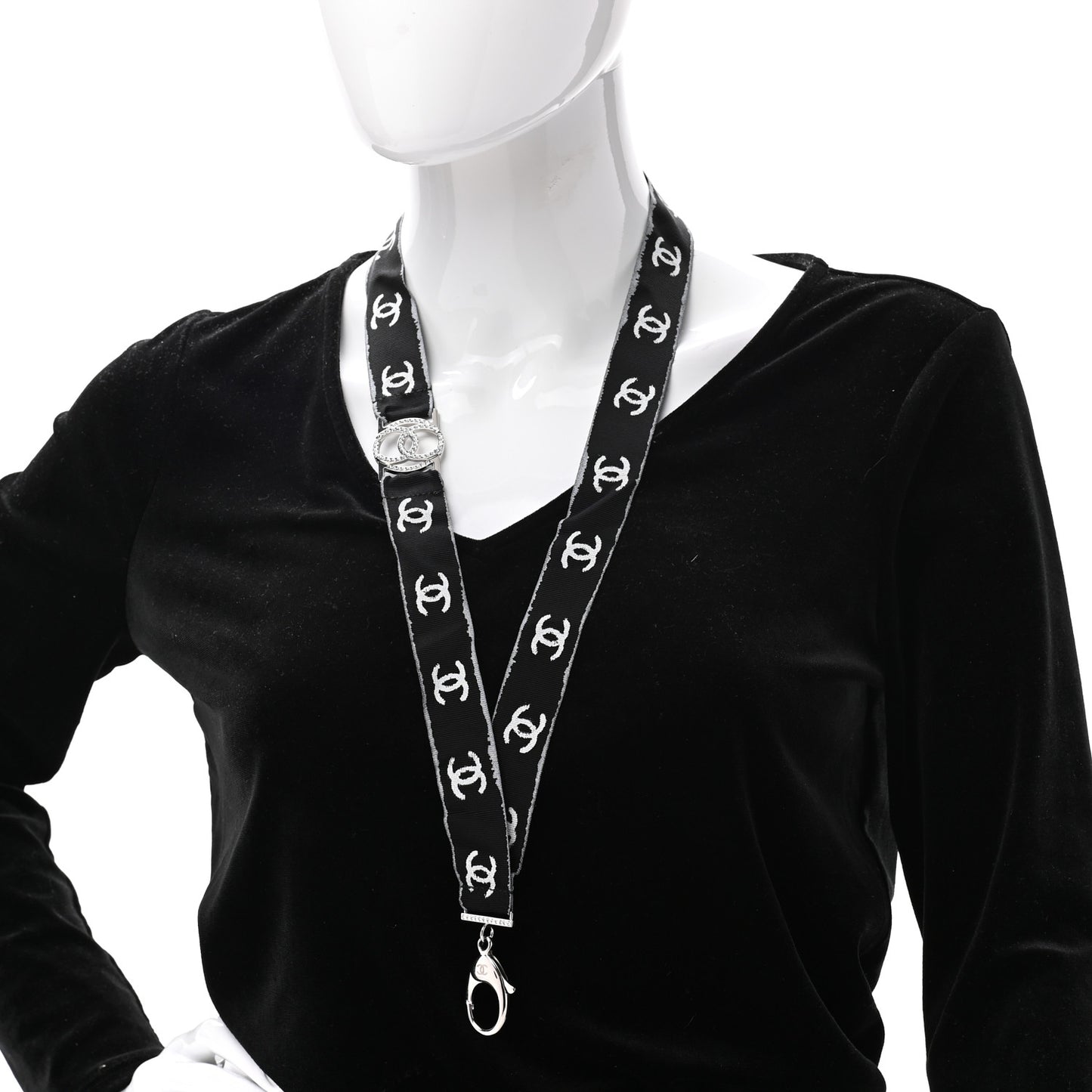 Crystal CC Lanyard Necklace Black Silver