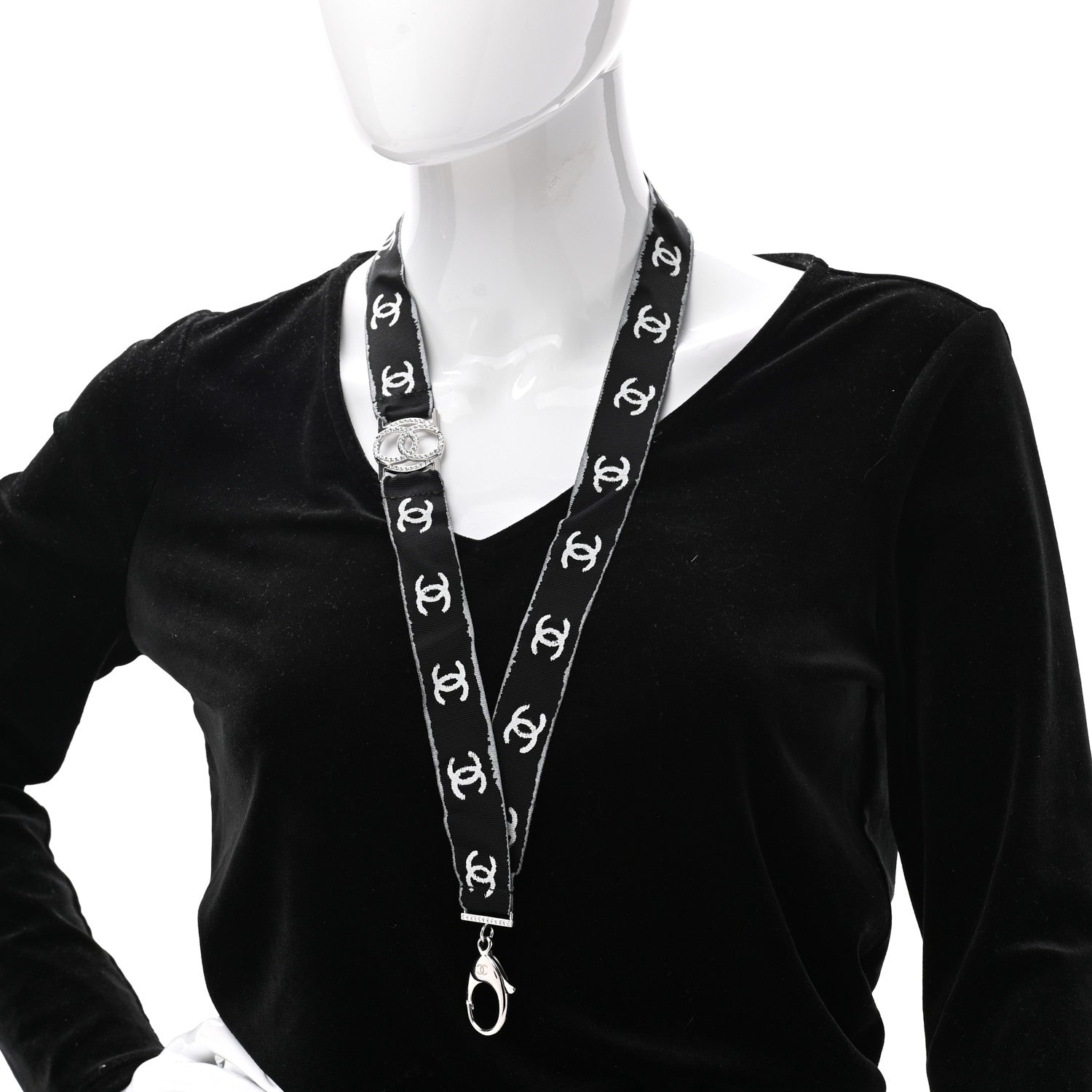 Chanel Crystal CC Lanyard Necklace Black Silver 2 of 6