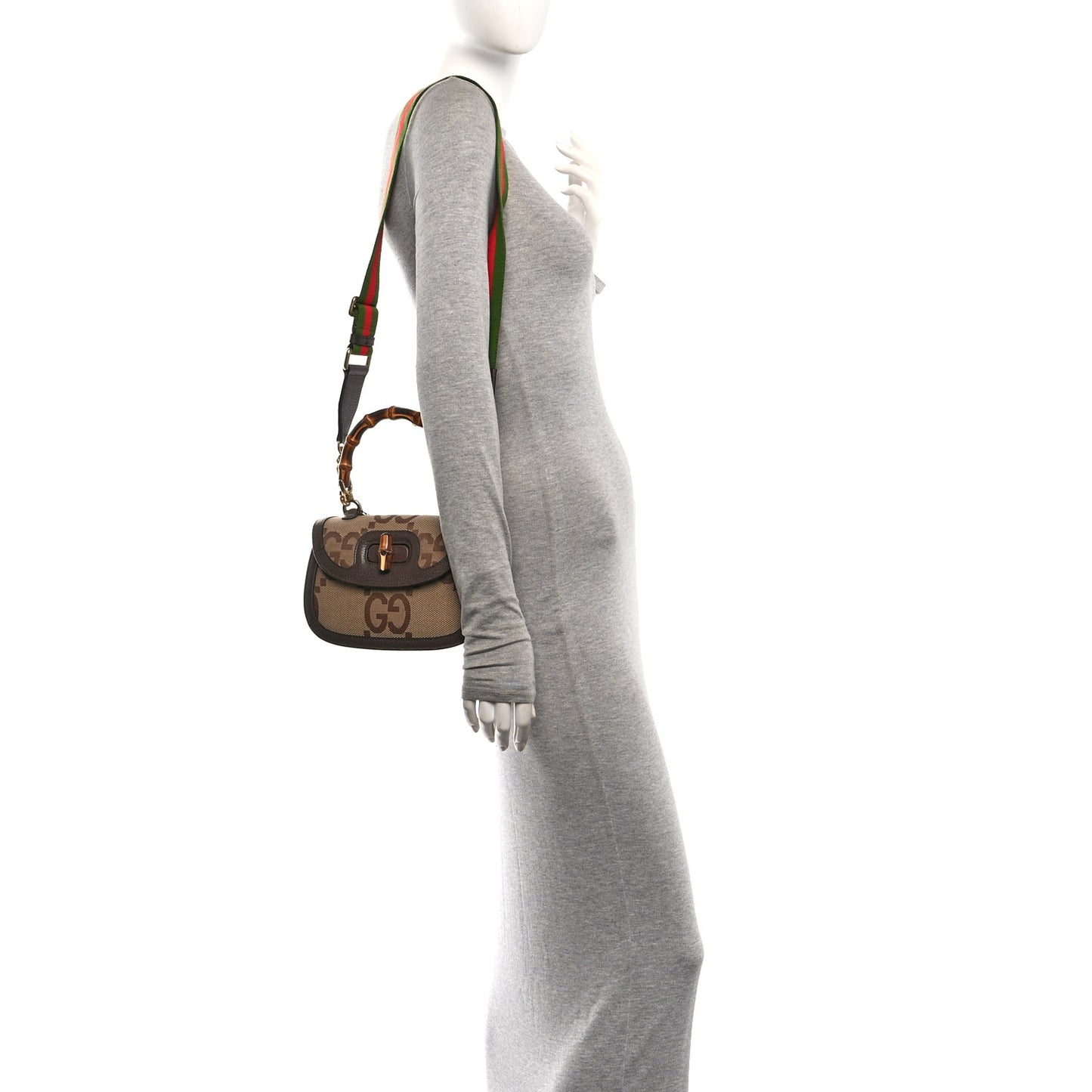 Monogram Jumbo GG Textured Dollar Calfskin Web Small Bamboo 1947 Top Handle Bag Camel Ebony New Acero
