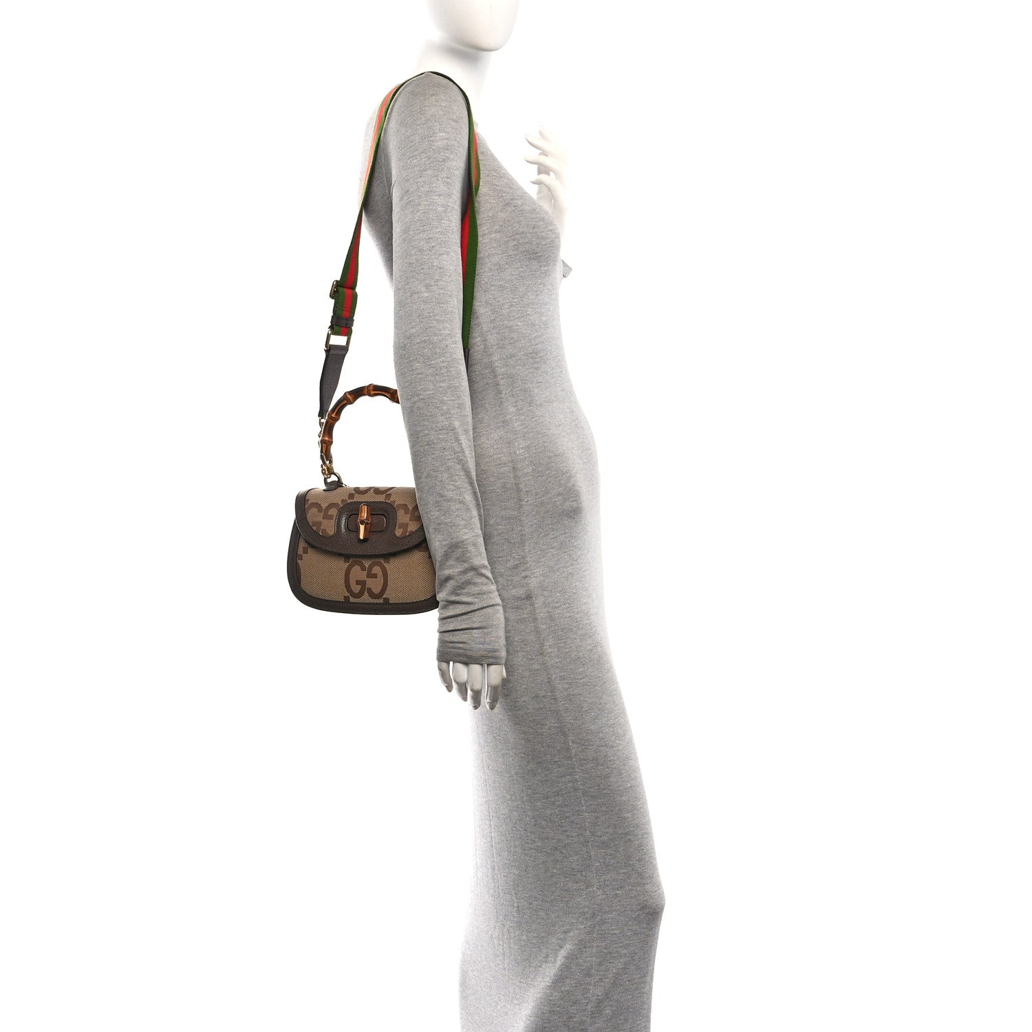 Gucci Monogram Jumbo GG Textured Dollar Calfskin Web Small Bamboo 1947 Top Handle Bag Camel Ebony New Acero 2 of 11