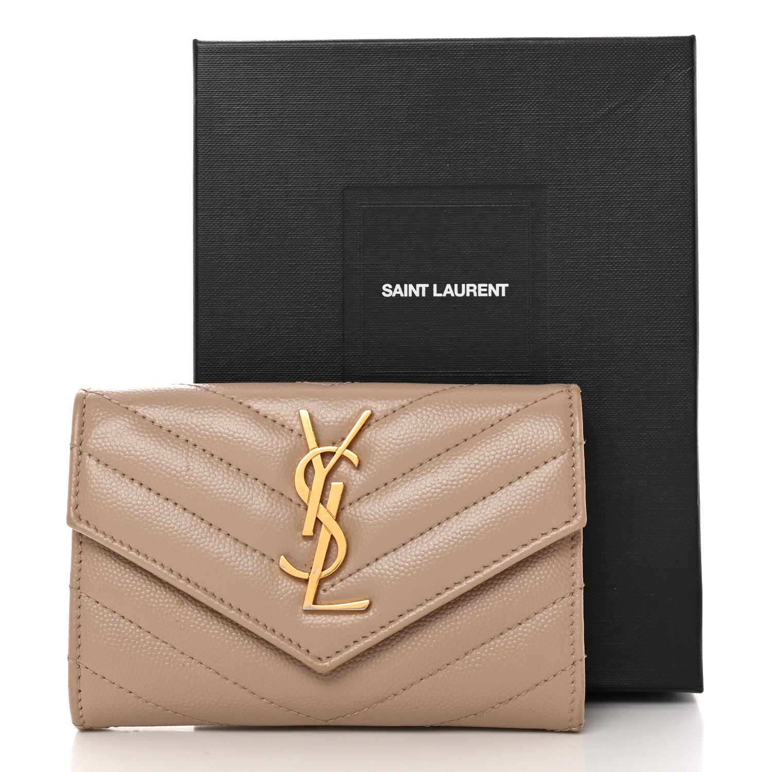 Saint Laurent Grain De Poudre Matelasse Chevron Small Monogram Envelope Wallet Dark Beige 13 of 13
