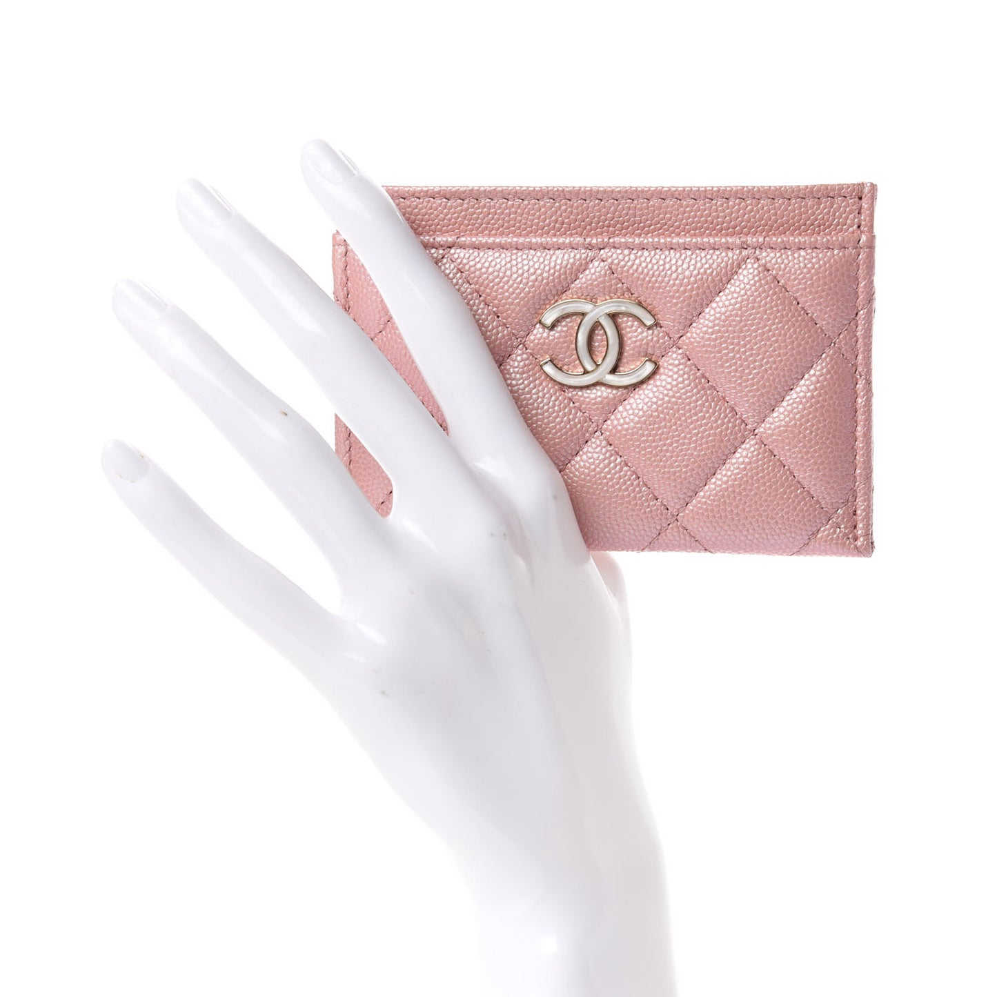 Iridescent Caviar Quilted Card Holder Rose Pink