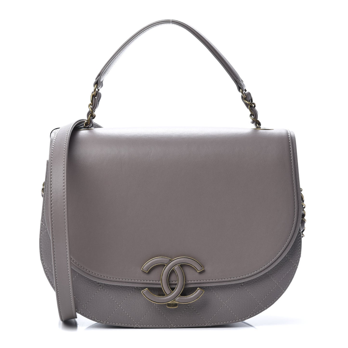 Shiny Calfskin Goatskin Quilted Medium Coco Curve Messenger Flap Grey