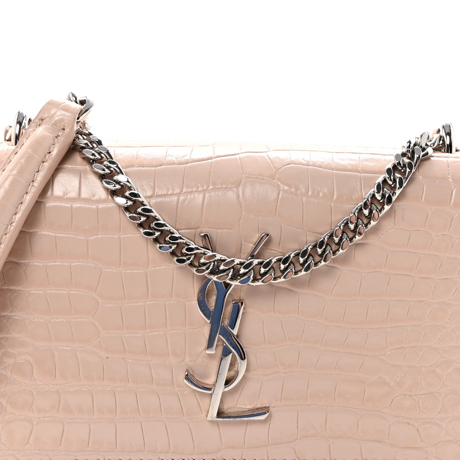 Saint Laurent Calfskin Crocodile Embossed Monogram Sunset Chain Wallet Marble Pink 7 of 9