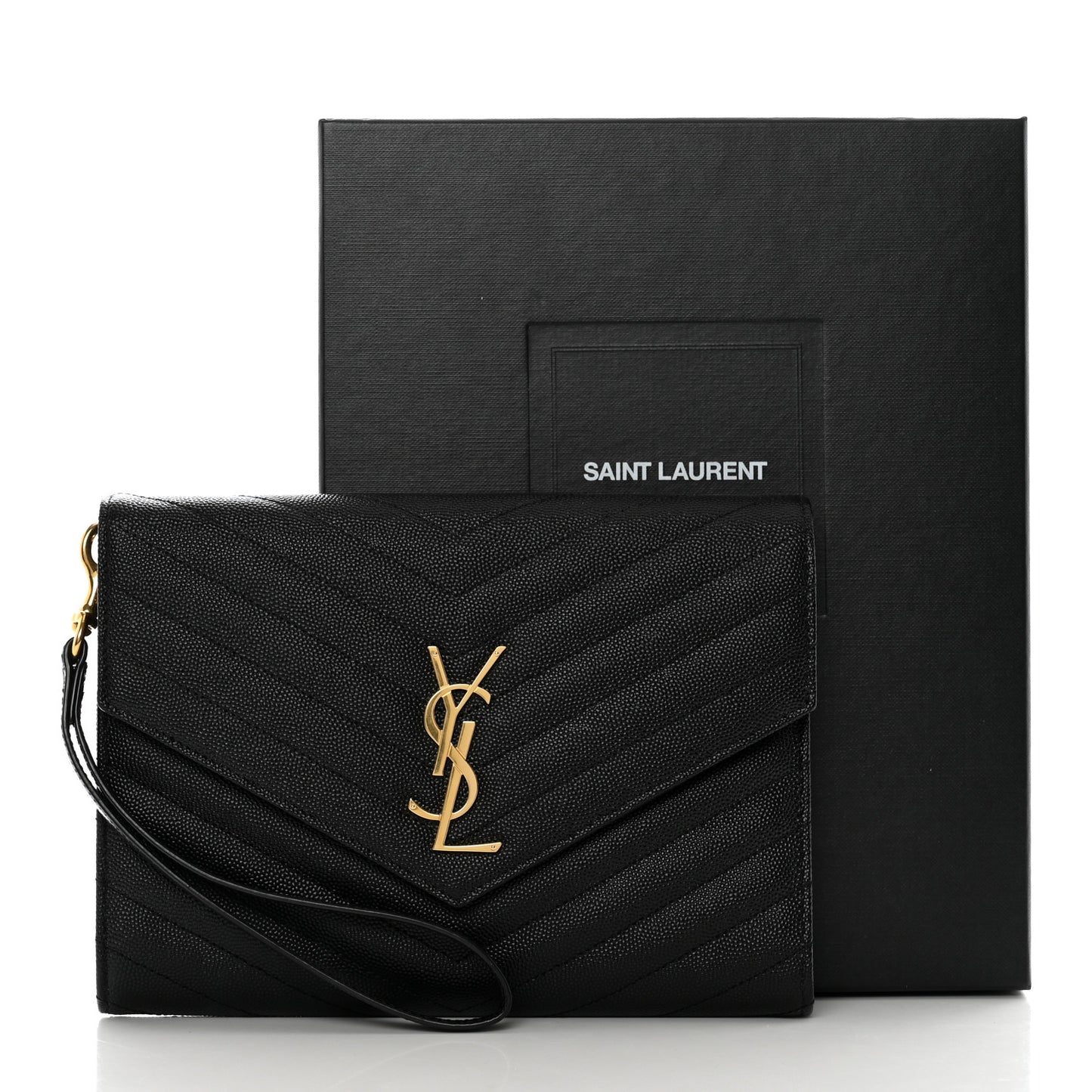 Grain De Poudre Matelasse Chevron Monogram Envelope Clutch Black