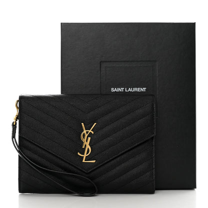 Saint Laurent Grain De Poudre Matelasse Chevron Monogram Envelope Clutch Black 9 of 9