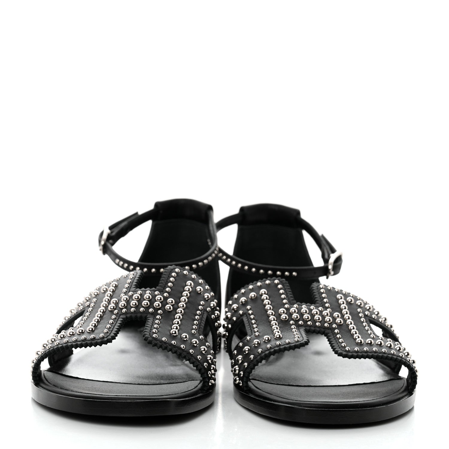 Hermes Calfskin Studded Santorini Sandals 37.5 Black 2 of 8