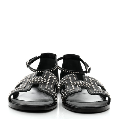 Hermes Calfskin Studded Santorini Sandals 37.5 Black 2 of 8