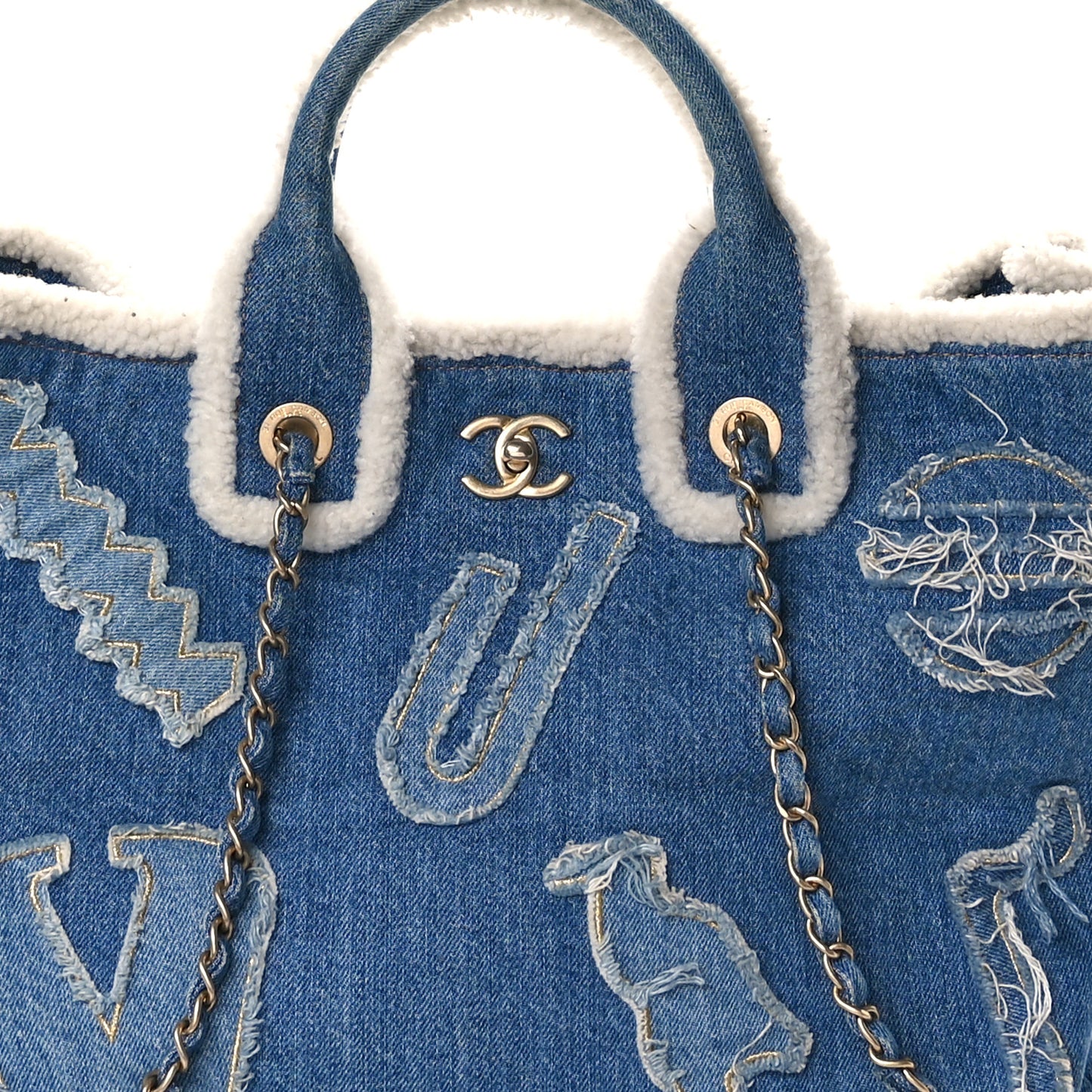Denim Shearling Hieroglyph Coco Tote Blue