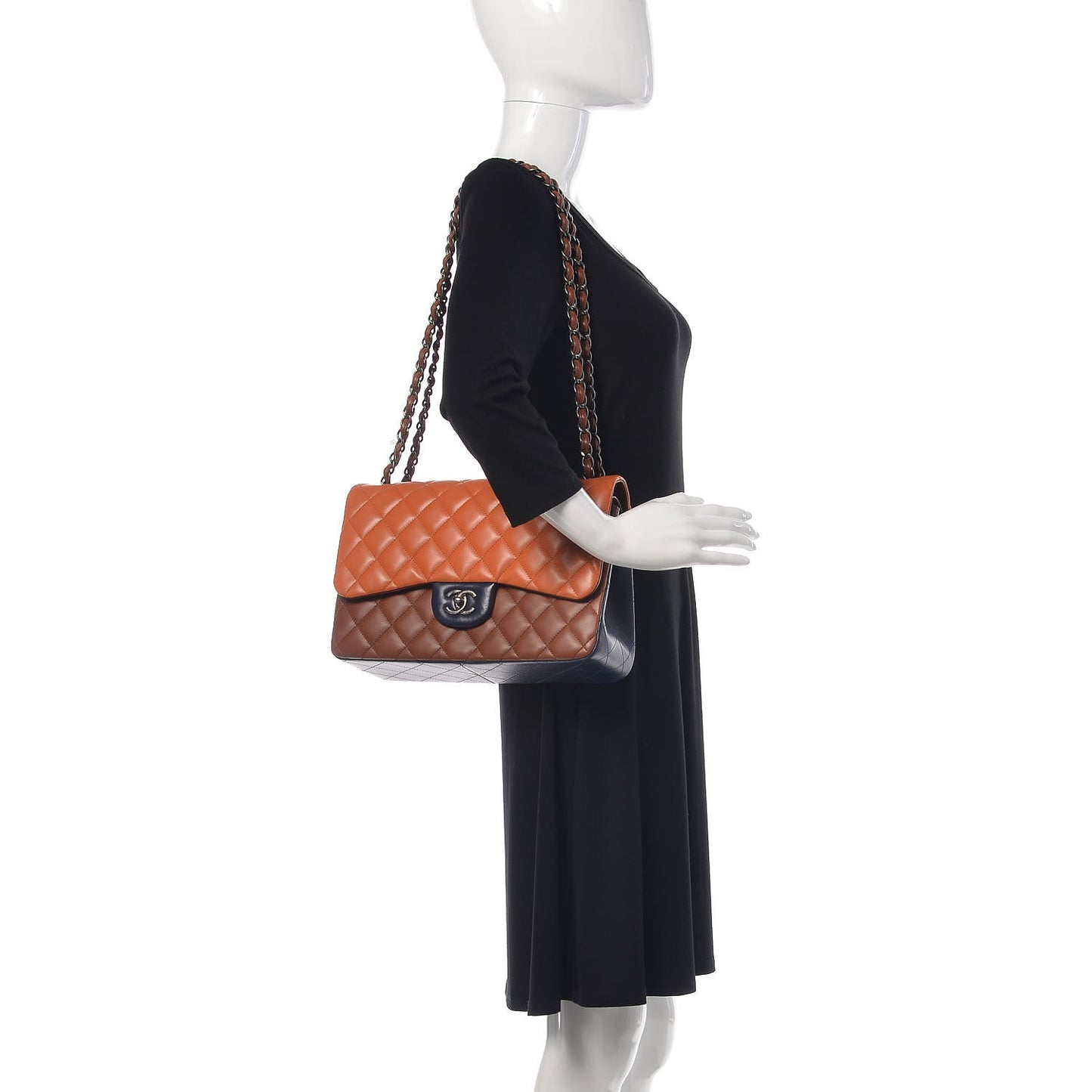 Lambskin Quilted Jumbo Tri-Color Double Flap Orange Camel Navy