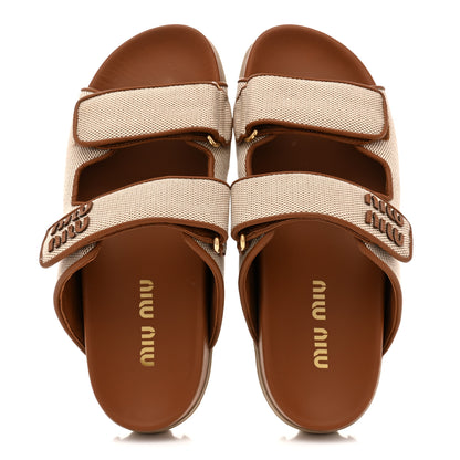 Miu Miu Canvas Logo Slide Sandals 38 Beige Brandy 2 of 10