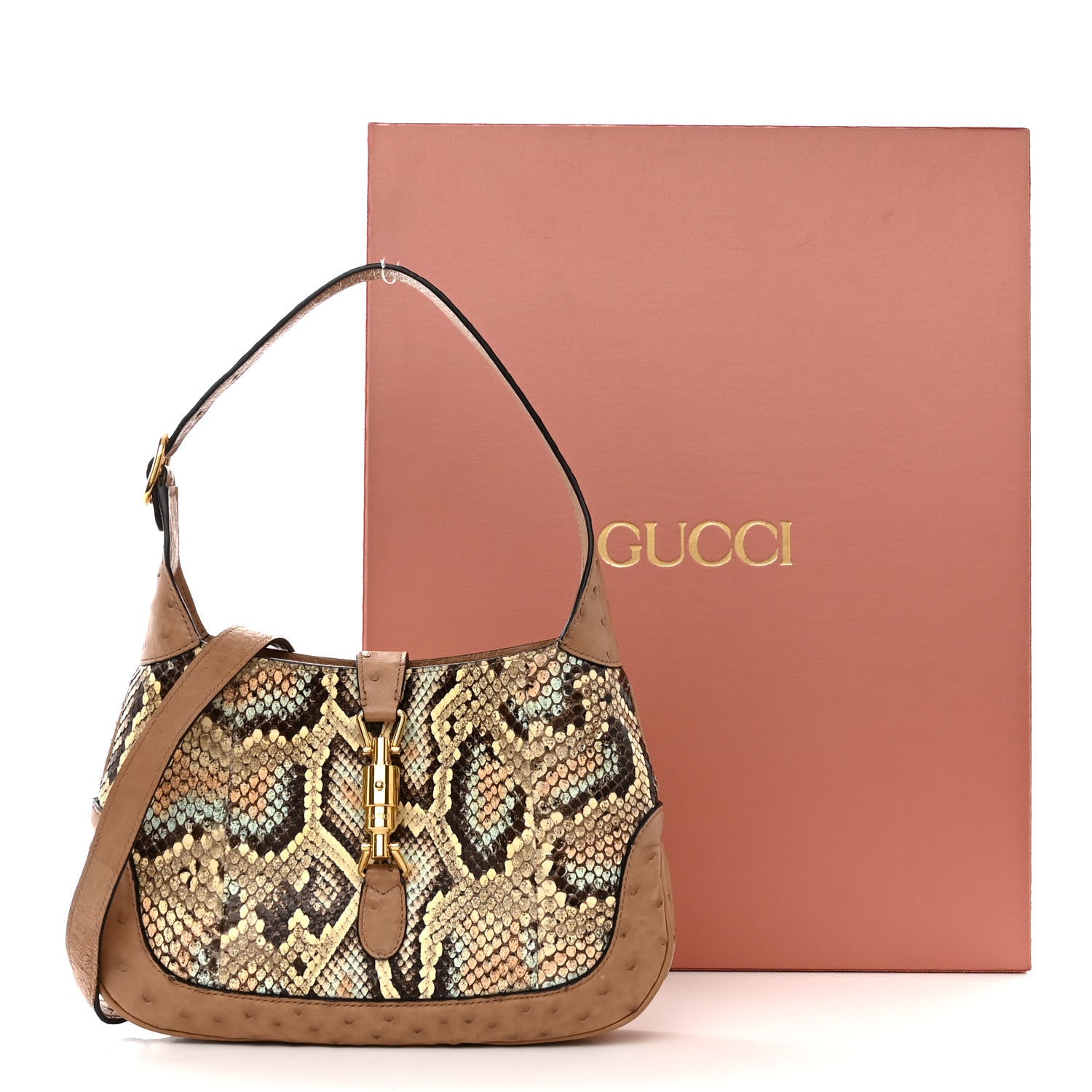 Gucci Snakeskin Ostrich Calfskin Small Jackie 1961 Hobo Beige Blue 15 of 15