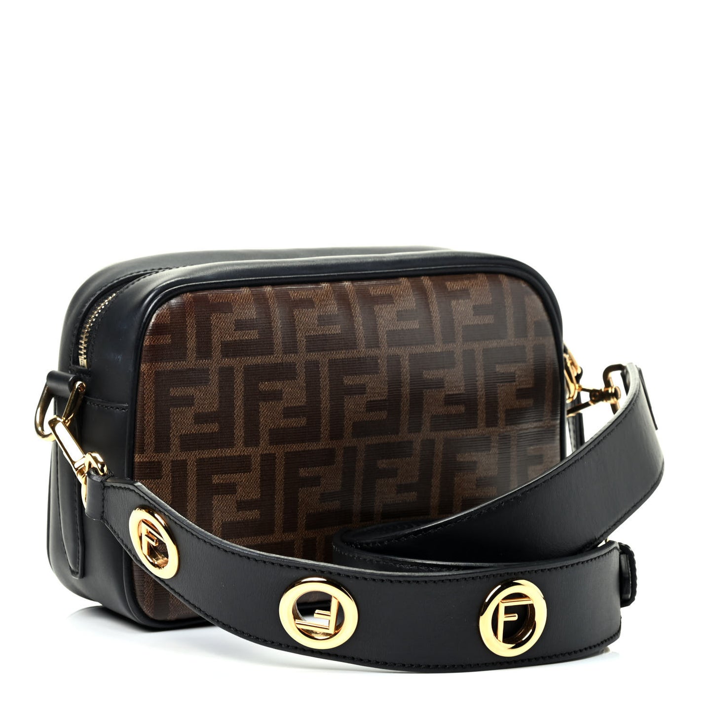 Glazed Fabric Vitello Century F is Fendi FF 1974 Stamp Patch Camera Case Mogano Panna Black