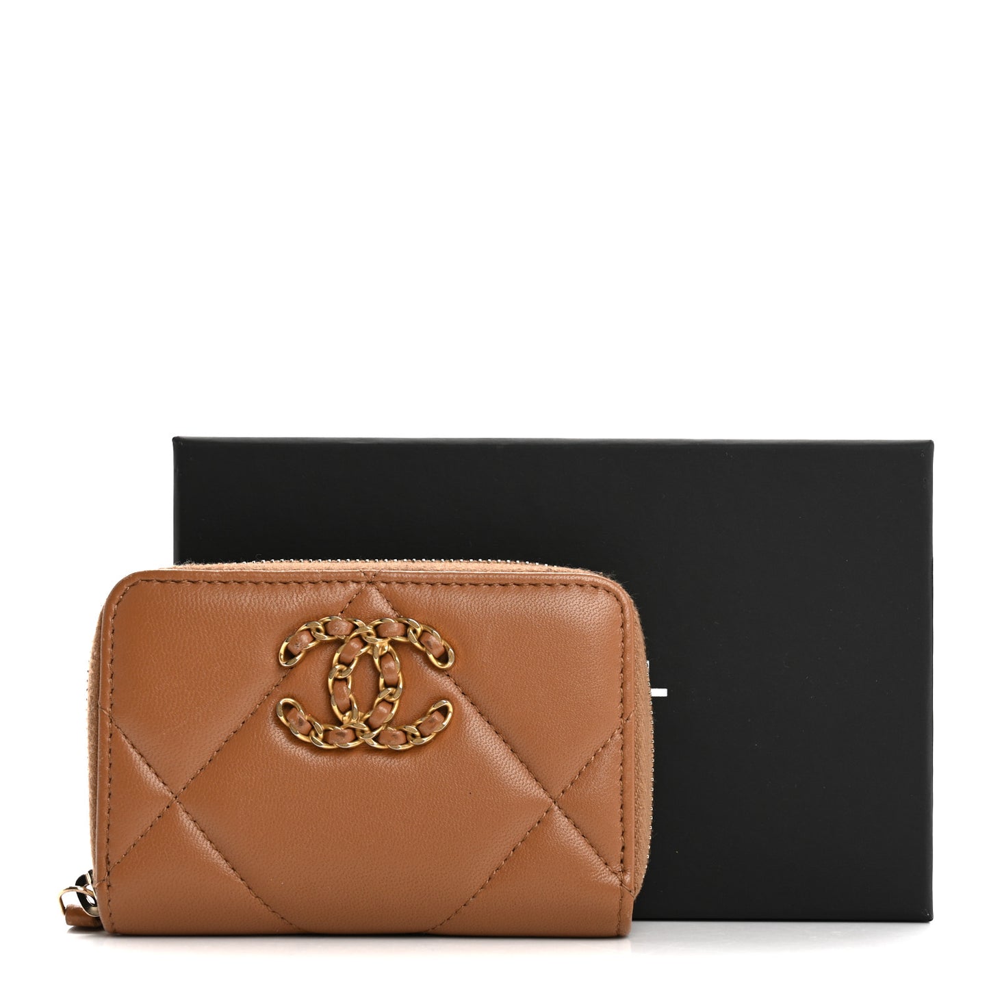 Lambskin Quilted Chanel 19 Zip Around Coin Purse Wallet Brown