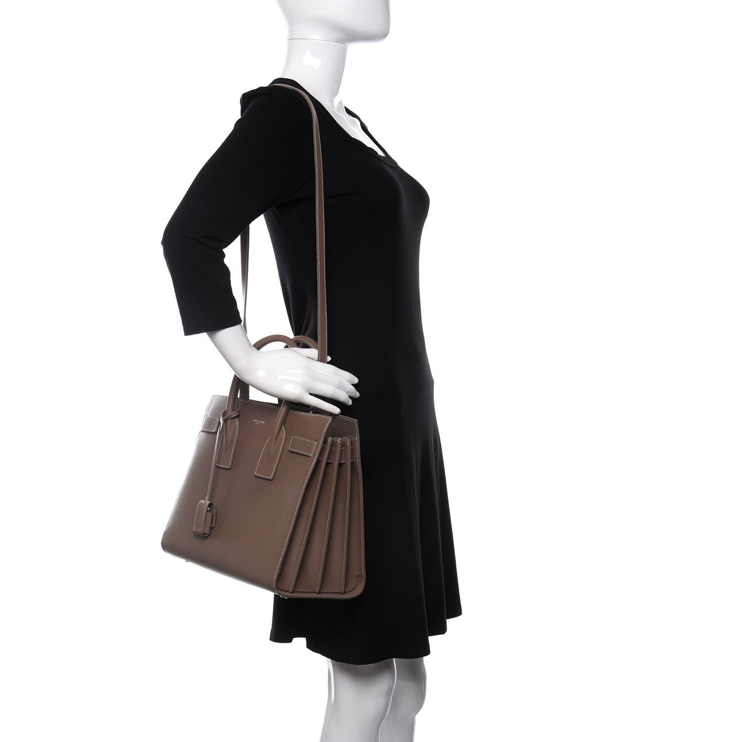 Grained Calfskin Topstitch Small Classic Sac De Jour Taupe