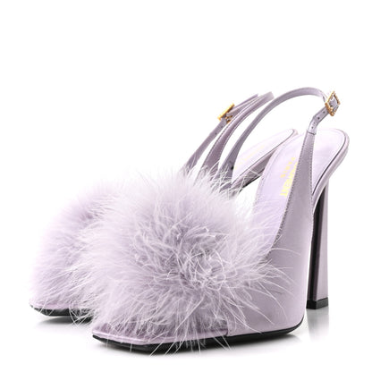 Saint Laurent Crepe Satin Blanco Feathered Sandals 38 Poly Grey 4 of 11