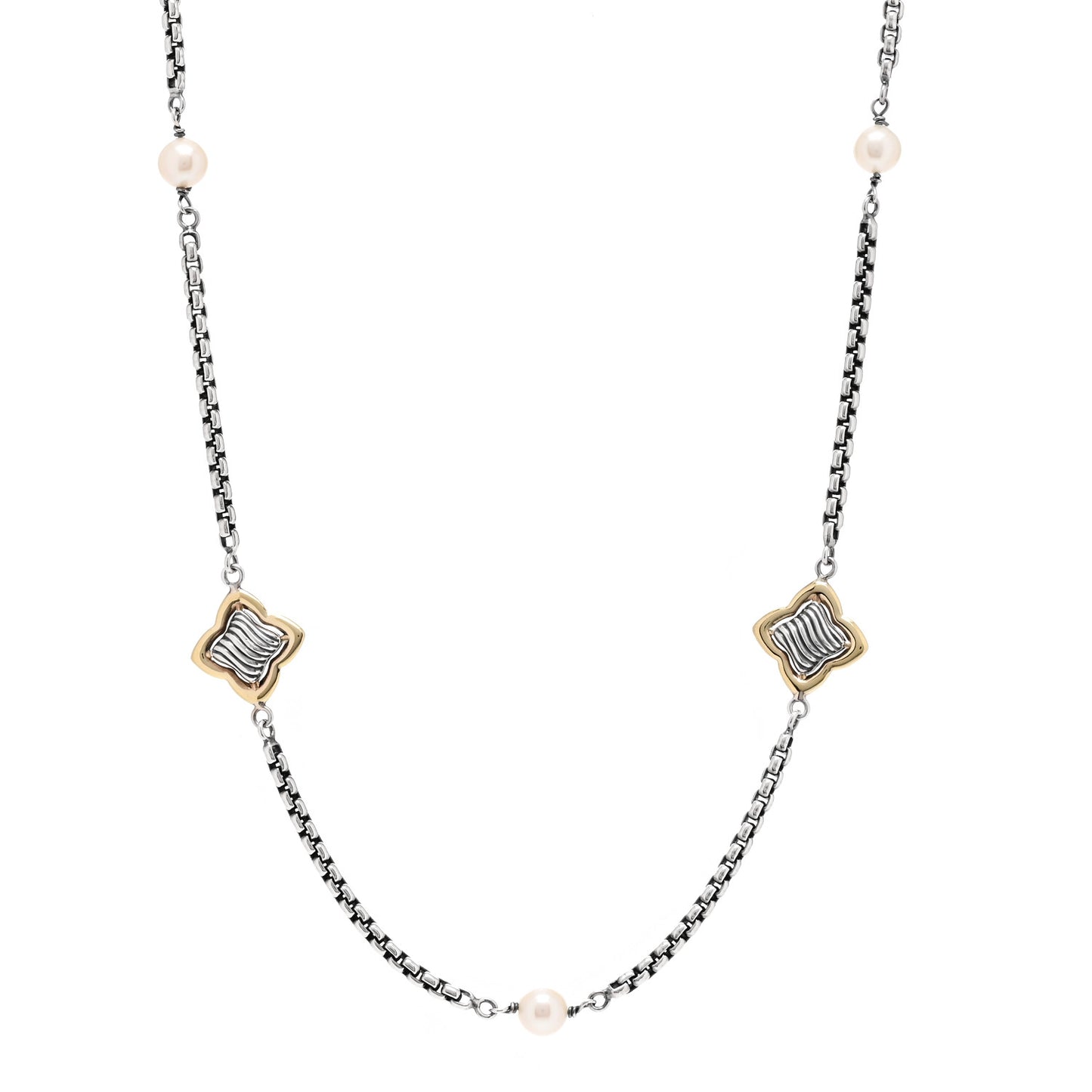 Sterling Silver 18K Yellow Gold Pearl 14mm Quatrefoil Station Necklace