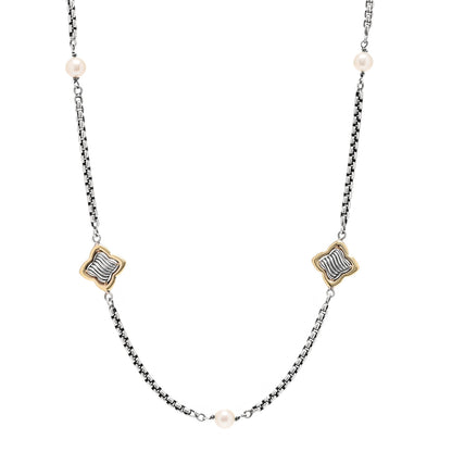 David Yurman Sterling Silver 18K Yellow Gold Pearl 14mm Quatrefoil Station Necklace 1 of 5