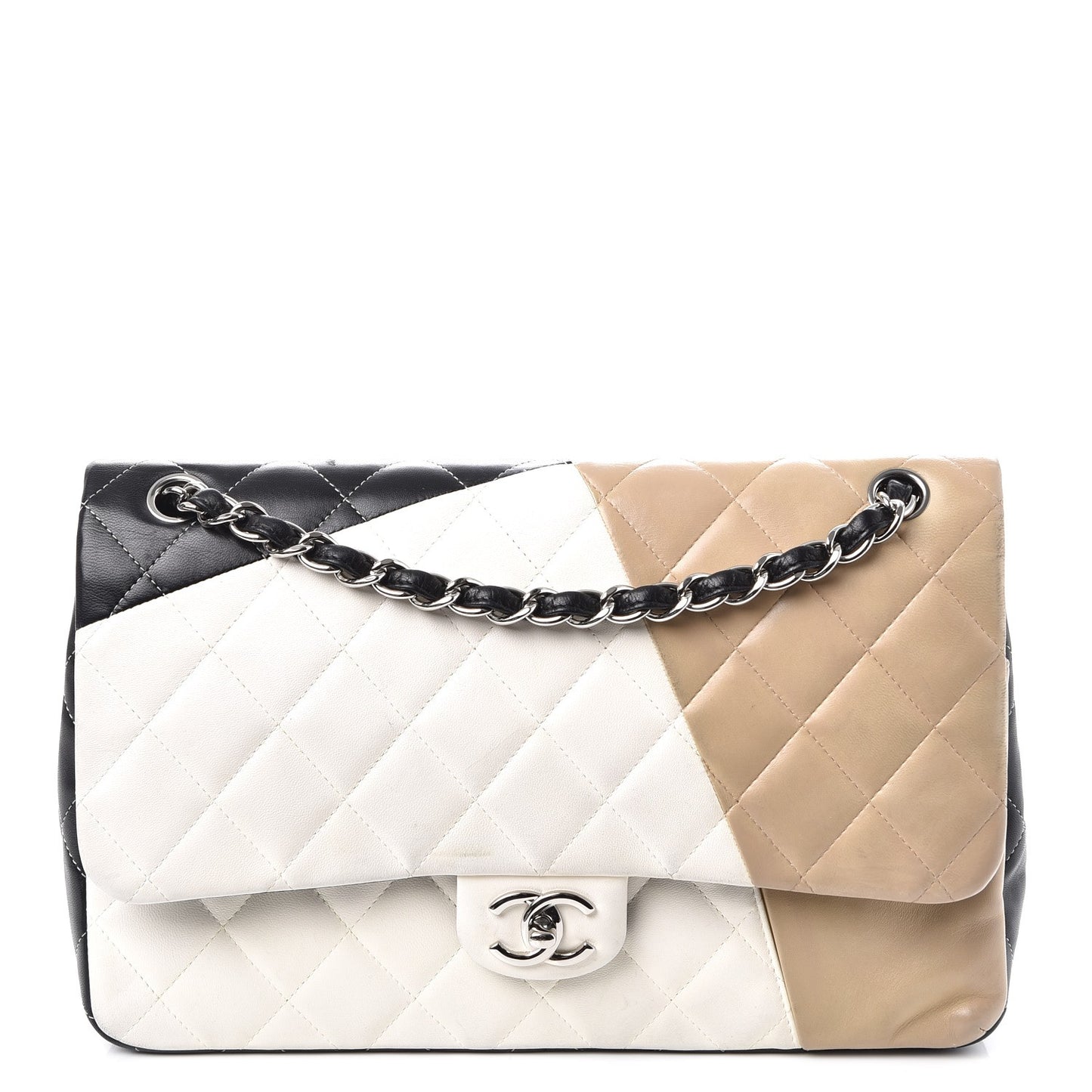 Lambskin Quilted Colorblock Jumbo Double Flap Black White Beige
