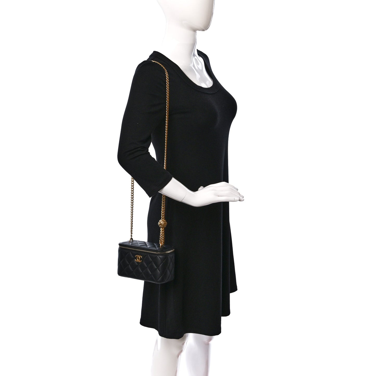 Lambskin Quilted Sweet Camellia Small Vanity Case With Chain Black