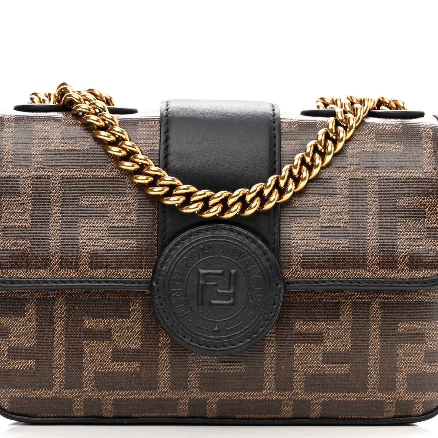 Glazed Fabric Vitello Century FF 1974 Stamp Patch Mini Double F Crossbody Bag Mogano Panna Black