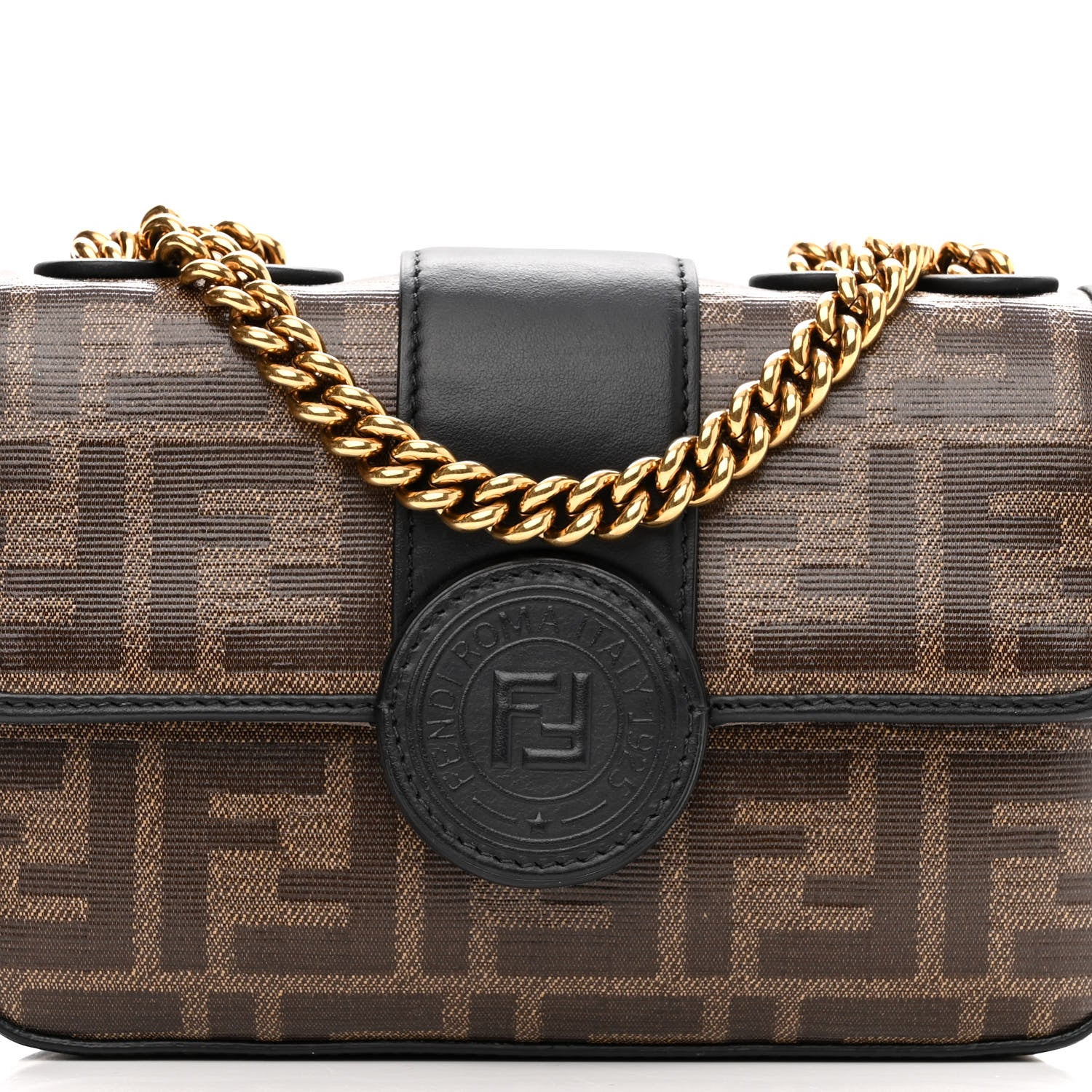 Fendi Glazed Fabric Vitello Century FF 1974 Stamp Patch Mini Double F Crossbody Bag Mogano Panna Black 8 of 10