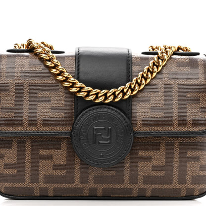 Fendi Glazed Fabric Vitello Century FF 1974 Stamp Patch Mini Double F Crossbody Bag Mogano Panna Black 8 of 10