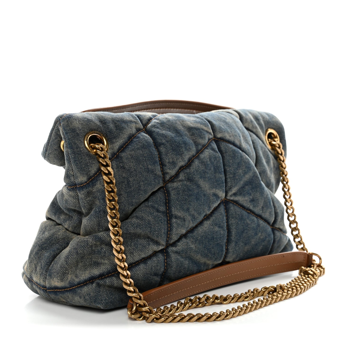 Denim Quilted Small Loulou Puffer Monogram Chain Satchel Blue Cinnamon