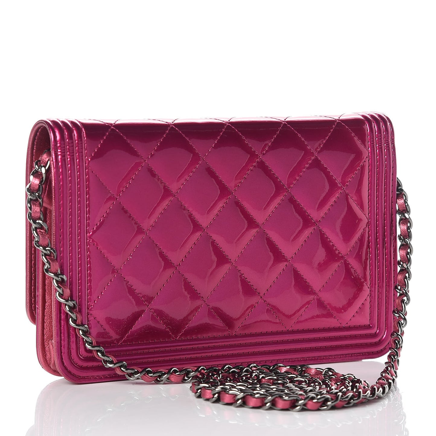 Metallic Patent Calfskin Quilted Boy Wallet On Chain WOC Fuchsia