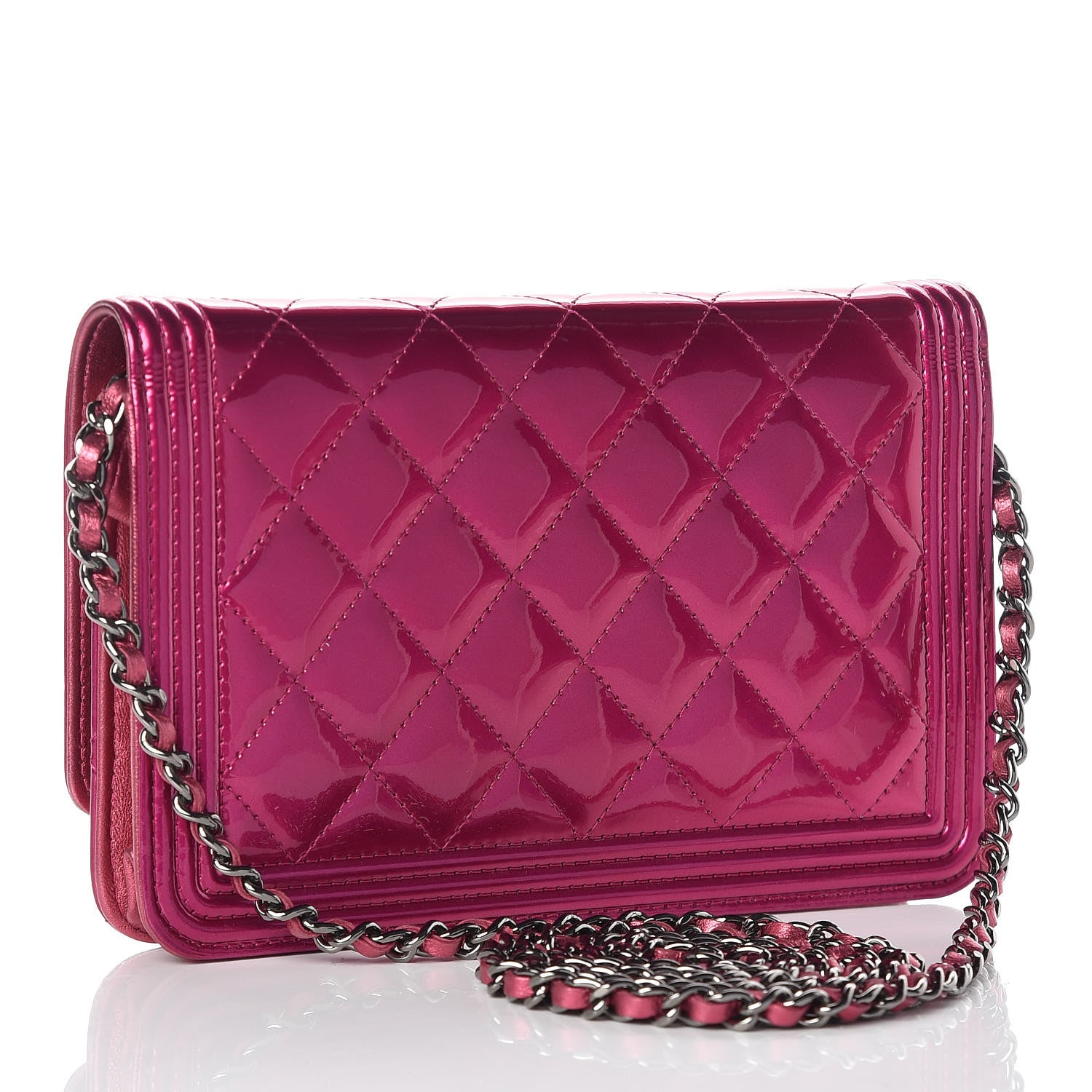 Chanel Metallic Patent Calfskin Quilted Boy Wallet On Chain WOC Fuchsia 3 of 13