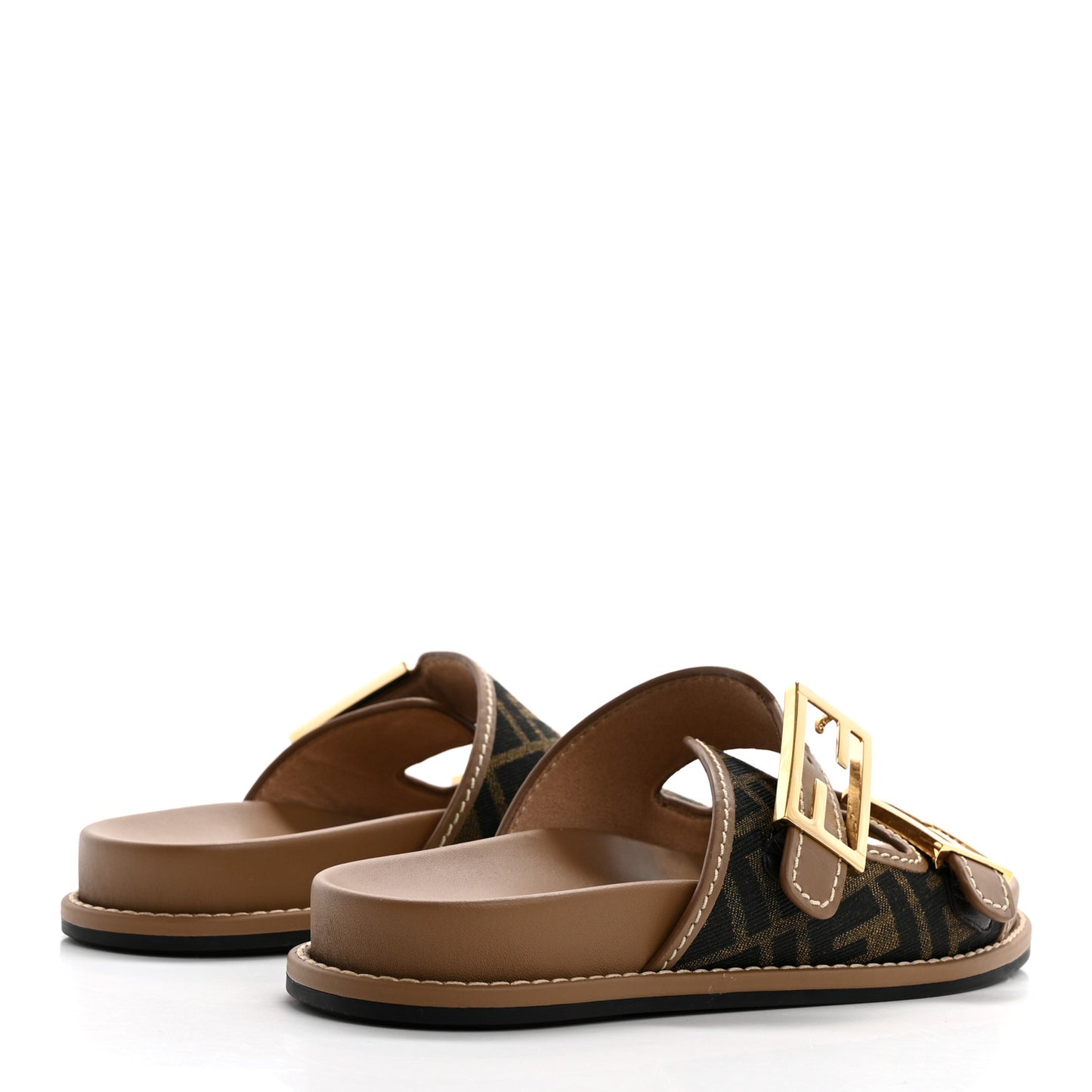 Fabric Jacquard Nappa FF Womens Fendi Feel Buckled Slide Sandals 37.5 Tobacco Black Miele Scuro