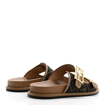 Fendi Fabric Jacquard Nappa FF Womens Fendi Feel Buckled Slide Sandals 37.5 Tobacco Black Miele Scuro 4 of 7