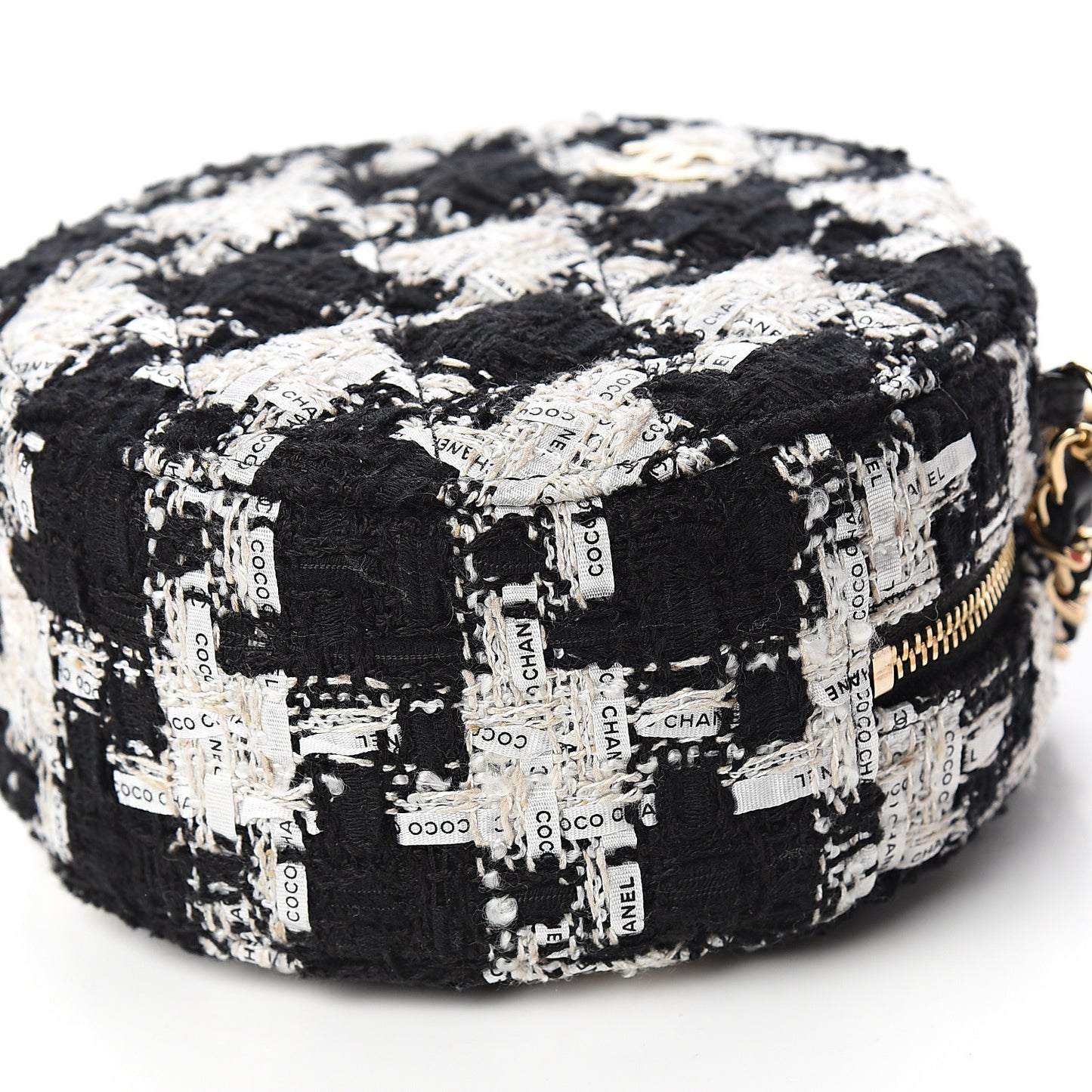 Tweed Round Clutch With Chain Black