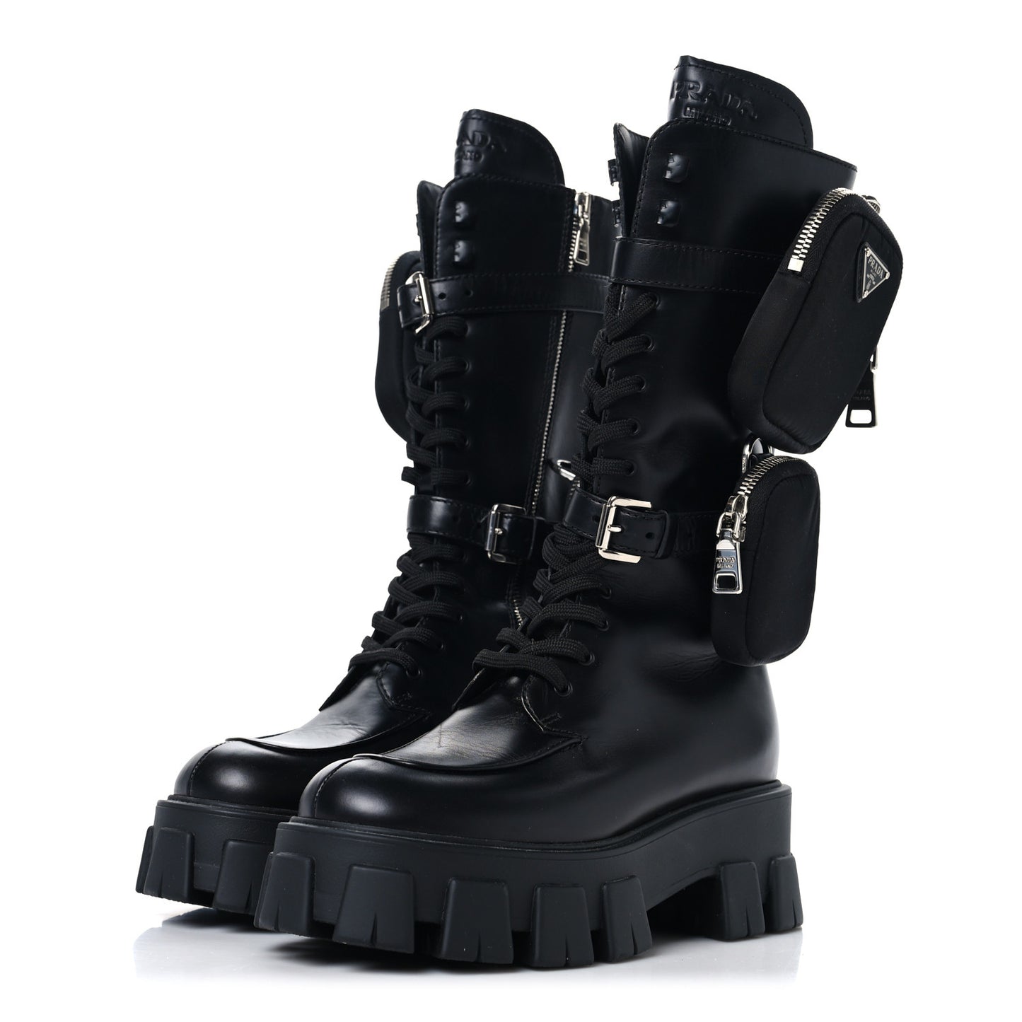 Vitello Lux Nylon Metal Triangle Logo Monolith Pouch Pocket 55mm Tall Combat Boots 37 Black