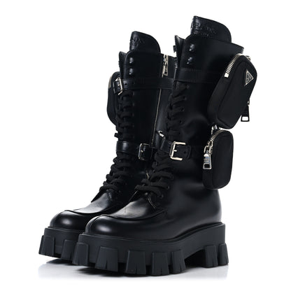 Prada Vitello Lux Nylon Metal Triangle Logo Monolith Pouch Pocket 55mm Tall Combat Boots 37 Black 3 of 7