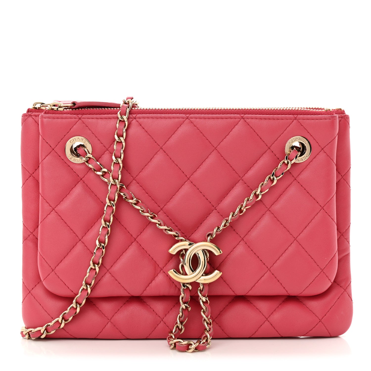 Chanel Shiny Lambskin Quilted Small Double Case With Strap Pink 1 of 11