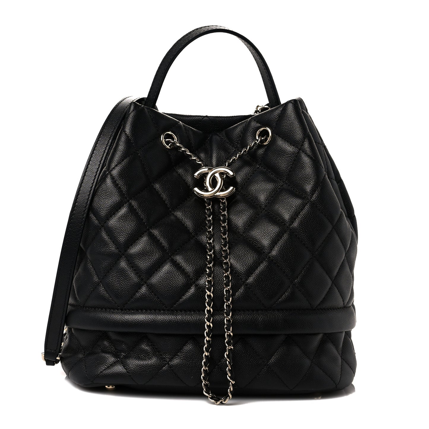 Caviar Quilted Large Rolled Up Bucket Drawstring Bag Black