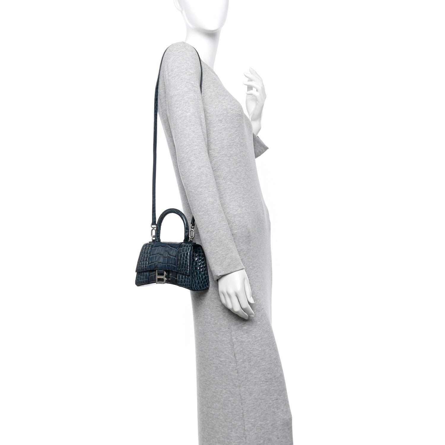 Balenciaga Shiny Calfskin Crocodile Embossed Hourglass Top Handle Bag XS Denim Blue 2 of 10