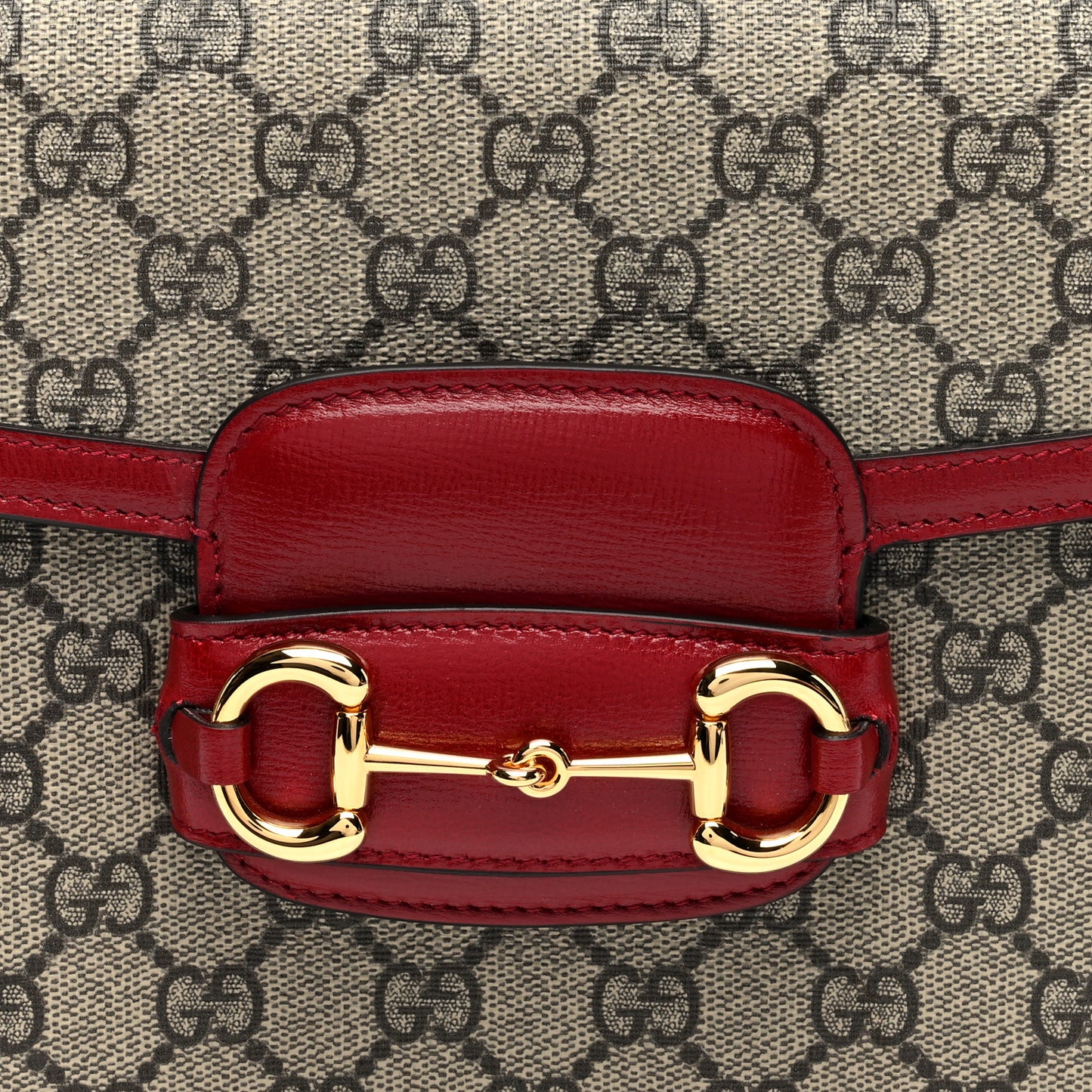 GG Supreme Monogram Azalea Calfskin Horsebit 1955 Shoulder Bag Beige Ebony New Cherry Red