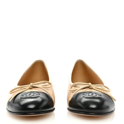 Chanel Lambskin Cap Toe CC Ballerina Flats 36.5 Beige Black 3 of 8