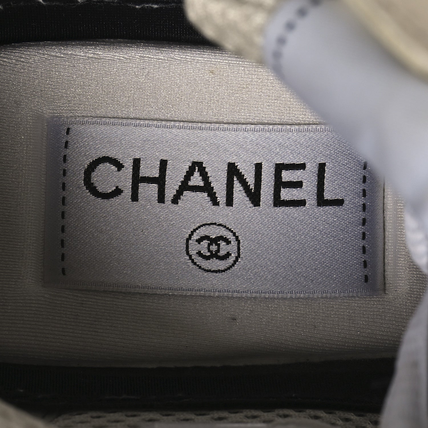 Chanel Fabric Laminated Calfskin Stretch CC Womens Sneakers 38 White Gold Silver 9 of 9