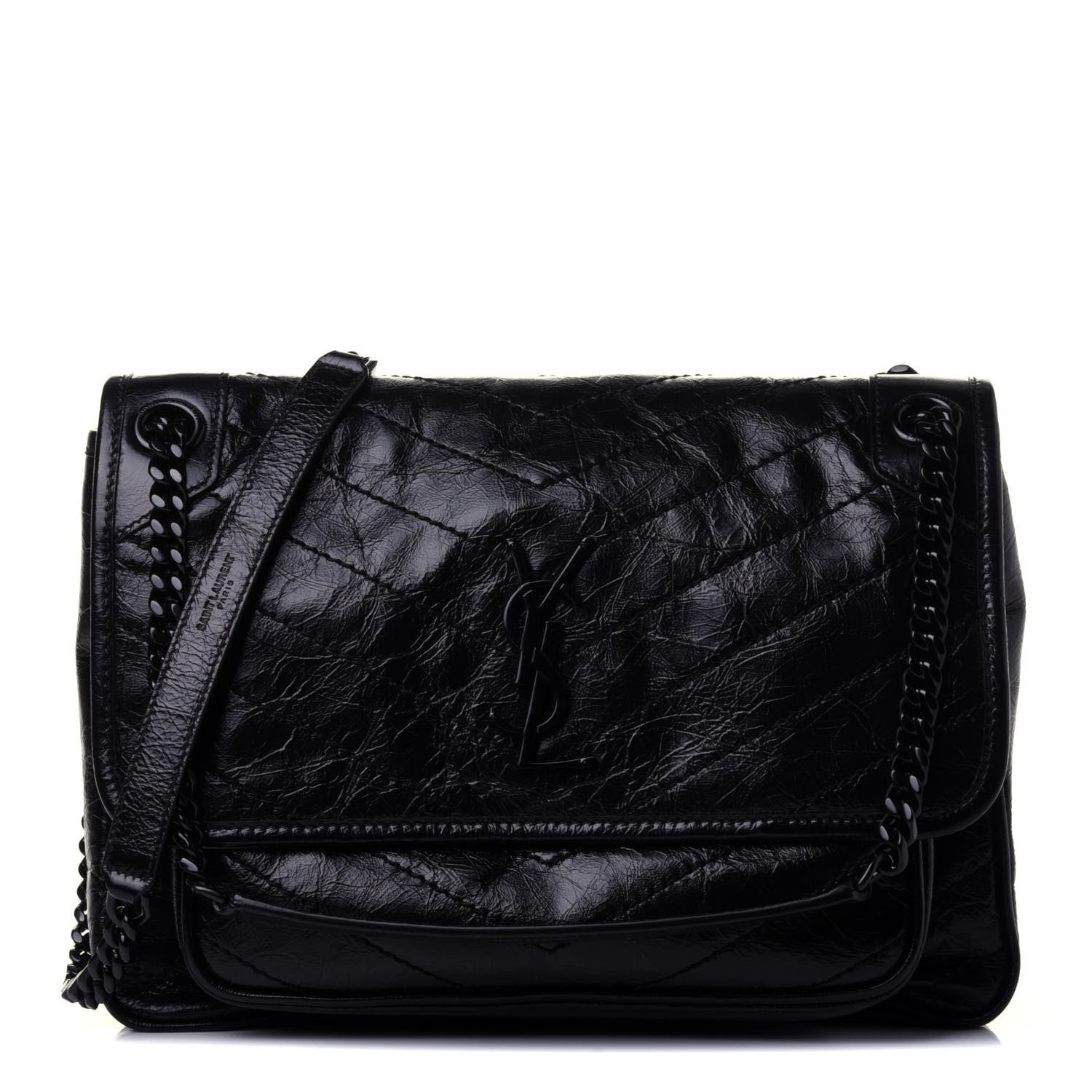 Saint Laurent Crinkled Calfskin Matelasse Monogram Medium Niki Chain Satchel Black 1 of 4