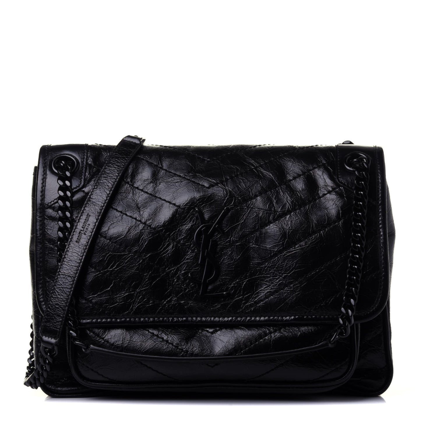 Crinkled Calfskin Matelasse Monogram Medium Niki Chain Satchel Black