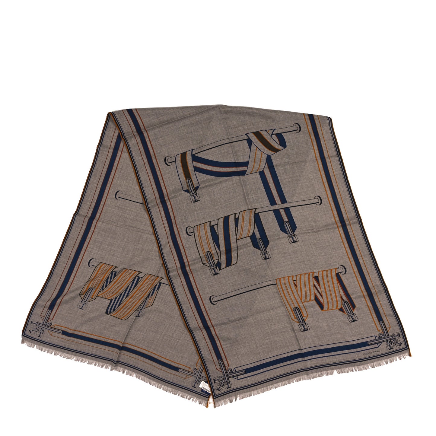 Cashmere Silk Les Sangles En Finesse Rectangle Scarf Etoupe Marine Jaune D'Or