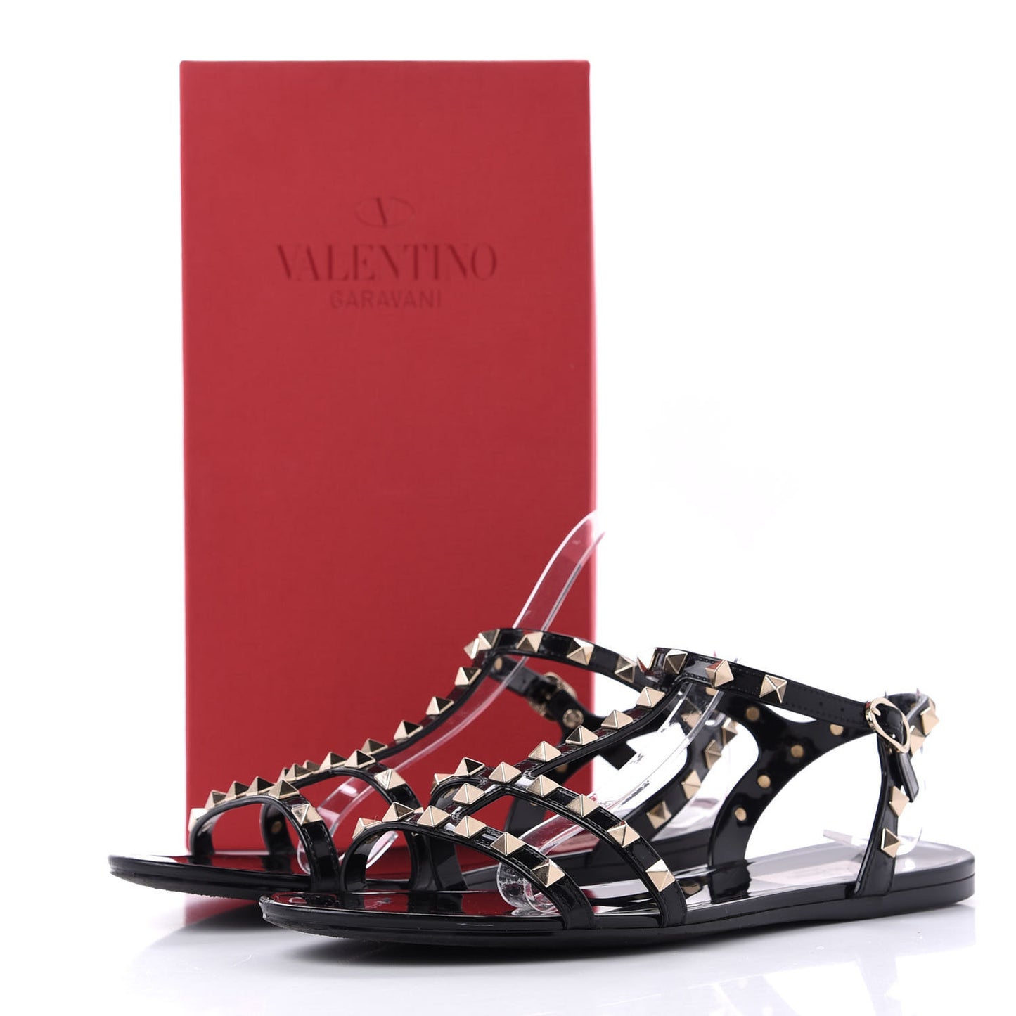 Patent Rockstud T-Strap Slingback Flat Sandals 41 Black