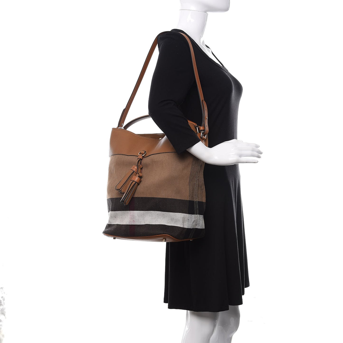 Grainy Calfskin Canvas Mega Check Medium Ashby Tassel Hobo Saddle Brown