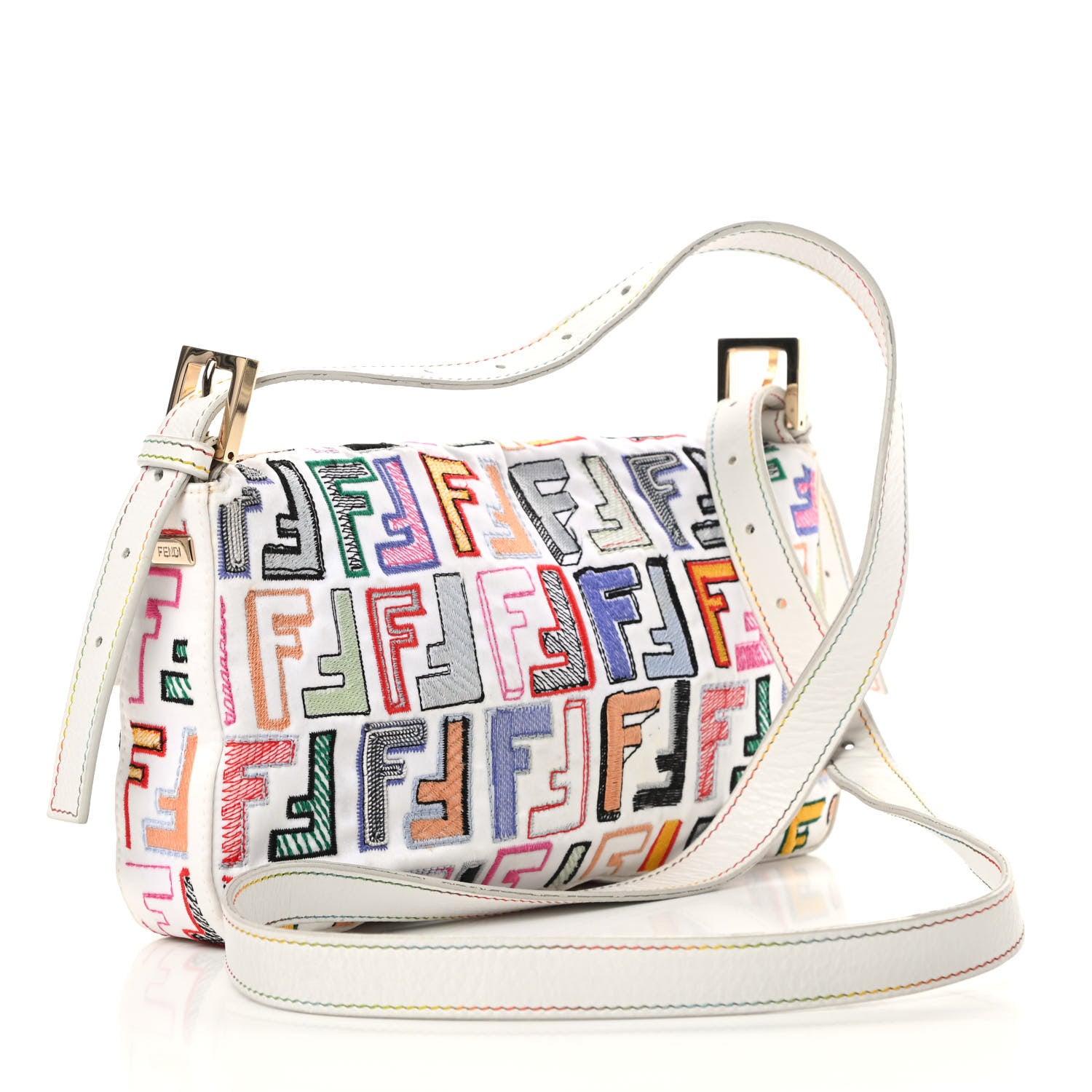 Fendi Nylon FF Multicolor Embroidered Baguette Multicolor White 3 of 16